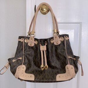 Michael Kors MK Satchel Signature Logo Print | Brown & Cream | Gold Details